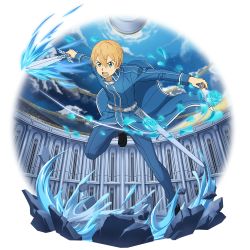 Rule 34 | 1boy, black footwear, blonde hair, blue eyes, blue pants, blue rose sword, eugeo, full body, highres, holding, holding sword, holding weapon, leg up, male focus, official art, open mouth, outstretched arms, pants, running, sheath, solo, sword, sword art online, transparent background, v-shaped eyebrows, weapon
