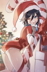 Rule 34 | 1boy, :p, alternate costume, bare legs, black hair, blue hair, blush, bodysuit, braid, candy, candy cane, christmas, christmas lights, christmas ornaments, christmas tree, fishnet gloves, fishnets, food, from side, genshin impact, gloves, gradient hair, hand up, hat, highres, kneeling, looking at viewer, looking to the side, male focus, medium hair, multicolored hair, one eye closed, oversized food, oversized object, red bodysuit, red nails, red ribbon, ribbon, santa hat, solo, thighs, tongue, tongue out, twin braids, v, venti (genshin impact), wai1010, waist ribbon