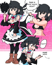 Rule 34 | 1girl, apron, black bra, black dress, black eyes, black hair, black nails, black pantyhose, black sleeves, boots, bow, bowtie, bra, breasts, brown footwear, cleavage, closed mouth, commentary, cropped torso, detached sleeves, dress, dress bow, english commentary, english text, frilled dress, frills, full body, hair between eyes, hair bun, halftone, halftone background, hand up, hands up, high heel boots, high heels, highres, holding, holding clothes, holding dress, letterboxed, light frown, long hair, looking ahead, lucia (scott malin), maid, maid apron, medium breasts, multicolored clothes, multicolored dress, multiple views, nail polish, navel, open mouth, original, outside border, pantyhose, pink background, raised eyebrow, red bow, red bowtie, round teeth, scott malin, sidelocks, simple background, sleeveless, sleeveless dress, straight hair, sweatdrop, teeth, tsurime, underboob, underwear, upper body, upper teeth only, waist apron, white apron, white dress