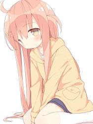 Rule 34 | 1girl, ahoge, ayanepuna, between legs, black skirt, blush, brown eyes, brown jacket, closed mouth, collarbone, commentary request, feet out of frame, hair between eyes, hair ornament, hairclip, hand between legs, highres, hood, hood down, hooded jacket, jacket, long sleeves, looking at viewer, original, pink hair, pleated skirt, shirt, sitting, skirt, sleeves past wrists, socks, solo, two side up, wariza, white background, white shirt, white socks, yune (ayanepuna)