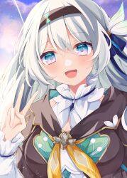 Rule 34 | 1girl, :d, blue bow, blue eyes, blush, bow, breasts, brown jacket, commentary request, dress, firefly (honkai: star rail), grey hair, hair between eyes, hair bow, hand up, honkai: star rail, honkai (series), jacket, long hair, long sleeves, looking at viewer, maki soutoki, medium breasts, open mouth, pink eyes, puffy long sleeves, puffy sleeves, sleeves past wrists, smile, solo, upper body, v, white dress