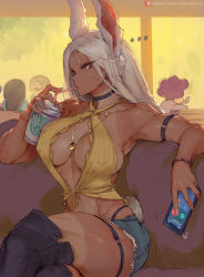 Rule 34 | ..., 1girl, animal ears, armpits, black choker, boku no hero academia, breasts, cellphone, choker, cleavage, commentary request, crossed legs, cup, cutesexyrobutts, dark-skinned female, dark skin, denim, denim shorts, drinking straw, halterneck, highres, jewelry, large breasts, long hair, mineta minoru, mirko, necklace, nipple piercing, one-piece tan, phone, piercing, rabbit ears, rabbit tail, red eyes, shorts, sitting, smartphone, tail, tan, tanline, thick thighs, thighhighs, thighs, watermark, web address, white hair