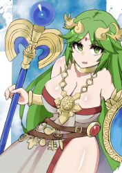 Rule 34 | 1girl, areku 00, breasts, cleavage, dress, green eyes, green hair, highres, holding, holding staff, jewelry, kid icarus, kid icarus uprising, large breasts, long hair, looking at viewer, nintendo, open mouth, palutena, shield, staff, thigh gap, tiara, white dress