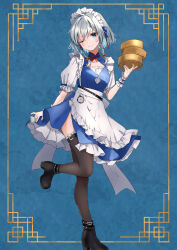 Rule 34 | 1girl, adapted costume, apron, black thighhighs, blue background, blue dress, blue eyes, blue nails, dress, highres, izayoi sakuya, looking at viewer, maid, maid apron, maid headdress, pocket watch, shironeko yuuki, smile, solo, standing, standing on one leg, thighhighs, thighs, touhou, watch, white apron