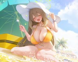 Rule 34 | 1girl, :d, bare arms, bare shoulders, beach, beach umbrella, bikini, blonde hair, blue archive, blush, breasts, cleavage, closed eyes, collarbone, day, facing viewer, front-tie bikini top, front-tie top, halo, hat, highres, holding, huge breasts, large hat, long hair, mimikaki, navel, nonomi (blue archive), nonomi (swimsuit) (blue archive), official alternate costume, open mouth, outdoors, parasol, sideboob, sitting, skindentation, smile, solo, string bikini, sun hat, swimsuit, thighs, umbrella, wariza, water, white hat, xiujia yihuizi, yellow bikini