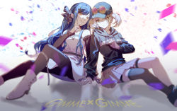 Rule 34 | 2girls, :|, azusawa kohane, baseball cap, belt, black hair, black headwear, black hoodie, blonde hair, blue hair, boots, closed mouth, confetti, dress, eyewear on head, facing viewer, frills, grey skirt, hair ornament, hairclip, hand on own chest, hand on own chin, hat, highres, hood, hoodie, leaning on person, long sleeves, multicolored hair, multiple girls, official alternate costume, pantyhose, project sekai, purple-tinted eyewear, reflection, reflective floor, scrunchie, shiraishi an, short twintails, side ponytail, sitting, skirt, sleeveless, smirk, star (symbol), star hair ornament, striped, sunglasses, text focus, tinted eyewear, twintails, walluka, white background, white dress, white footwear, yellow-tinted eyewear, yellow eyes