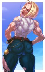 Rule 34 | 1girl, absurdres, android 18, blonde hair, blue eyes, bob cut, breasts, denim, dragon ball, female focus, gloves, hands on own hips, highres, jeans, large breasts, looking at viewer, looking back, mature female, muscular, muscular female, pants, shirt, short hair, solo, thighs, torn clothes, torn shirt, white shirt