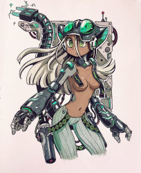 Rule 34 | 1girl, breasts, convenient censoring, cyborg, green eyes, highres, long hair, looking to the side, marker (medium), mechanical arms, mechanical ears, mechanical tail, moonshen timojim, navel, original, striped legwear, tail, topless, traditional media, white hair