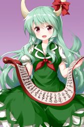 Rule 34 | 1girl, blush, bow, breasts, collarbone, commentary request, cowboy shot, dress, ex-keine, green dress, green hair, hair between eyes, highres, holding, holding scroll, horn bow, horn ornament, horns, kamishirasawa keine, long hair, looking at viewer, medium breasts, neckerchief, open mouth, petticoat, pink eyes, puffy short sleeves, puffy sleeves, purple background, red bow, red neckerchief, ruu (tksymkw), scroll, short sleeves, sidelocks, simple background, smile, solo, touhou, very long hair