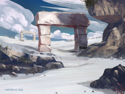 Rule 34 | arch, bad id, bad pixiv id, blue sky, cloud, commentary request, day, fantasy, grass, no humans, original, outdoors, rock, satoru wada, scenery, signature, sky, snow