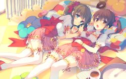 Rule 34 | 2girls, arm up, berry&#039;s, blue eyes, bow, brown eyes, brown hair, checkered floor, hair bow, highres, houkou yuuka, indoors, lace, lace-trimmed legwear, lace-trimmed skirt, lace trim, long hair, looking at viewer, lying, multiple girls, on back, on side, open mouth, pink skirt, pleated skirt, red bow, rei (rei&#039;s room), short hair, short sleeves, skirt, smile, tatsumi wakaba, thighhighs, twintails, white legwear, wrist cuffs