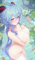Rule 34 | 1girl, absurdres, ahoge, alternate breast size, arm under breasts, blue hair, blue nails, breasts, collarbone, covered erect nipples, covering privates, flower, from side, ganyu (genshin impact), genshin impact, goat horns, highres, horns, large breasts, lily pad, long hair, looking at viewer, looking to the side, low ponytail, meisansan, naked towel, navel, nude cover, parted lips, purple eyes, see-through, solo, thighhighs, towel, very long hair, wading, water, white thighhighs