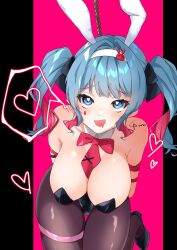 Rule 34 | 1girl, absurdres, animal ears, anzu (x anzu ill), arms behind back, bare shoulders, black footwear, black leotard, black pantyhose, black ribbon, blue eyes, blue hair, blush, bound, breasts, cleavage, fake animal ears, hair intakes, hair ribbon, hairband, hatsune miku, heart, heart-shaped pupils, high heels, highres, large breasts, leotard, long hair, looking at viewer, paid reward available, pantyhose, pink background, pink hair, pink pupils, pink ribbon, playboy bunny, rabbit ears, rabbit hole (vocaloid), ribbon, saliva, signature, skindentation, solo, spoken heart, symbol-shaped pupils, teardrop facial mark, tied up (nonsexual), twintails, vocaloid, white hairband