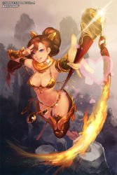 Rule 34 | 1girl, armor, bikini armor, blue eyes, breasts, brown hair, cleavage, hip focus, instant ip, jewelry, large breasts, long hair, looking at viewer, lots of jewelry, million lore, navel, parted lips, polearm, smile, solo, thighs, weapon