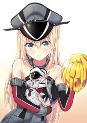 Rule 34 | 10s, 2girls, animalization, bare shoulders, bird, bismarck (kancolle), blonde hair, blue eyes, brown gloves, cross, detached sleeves, gloves, graf zeppelin (kancolle), hat, highres, i.f.s.f, iron cross, kantai collection, long hair, military, military hat, military uniform, multiple girls, owl, peaked cap, pom pom (cheerleading), simple background, smile, uniform