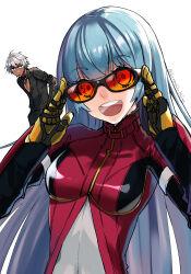 Rule 34 | 1boy, 1girl, adjusting eyewear, artist name, blue hair, breasts, closed mouth, commentary request, dark-skinned male, dark skin, gloves, hands up, highres, jacket, jewelry, k&#039; (kof), kula diamond, leather, leather jacket, long hair, long sleeves, looking at viewer, necklace, nice hajime, open mouth, short hair, signature, simple background, small breasts, smile, snk, sunglasses, teeth, the king of fighters, the king of fighters &#039;99, the king of fighters 2000, upper teeth only, white background, white hair