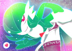 1girl artist_name black_panties black_thighhighs bob_cut colored_skin creatures_(company) game_freak gardevoir gen_3_pokemon green_hair green_skin hair_over_one_eye hakkasame heart leaning_forward multicolored_skin nintendo panties pink_eyes pokemon pokemon_(creature) smile thighhighs two-tone_skin underwear white_skin