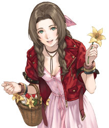 Rule 34 | 1girl, aerith gainsborough, basket, blush, bow, bracelet, braid, brown hair, dress, final fantasy, final fantasy vii, fingernails, flower, flower basket, gradient background, green eyes, hair bow, highres, holding, holding flower, jacket, jewelry, light blush, long hair, looking at viewer, loveless avenue, makimura shunsuke, nail polish, open clothes, open jacket, pink bow, pink dress, pink lips, pink ribbon, red flower, red jacket, ribbon, smile, solo, square enix, teeth, tongue, white flower, yellow flower, zipper, zipper pull tab
