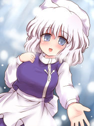Rule 34 | 1girl, blue eyes, blush, breasts, hat, large breasts, letty whiterock, open mouth, ry (yagoyago), short hair, smile, snowing, solo, touhou, white hair