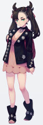 Rule 34 | 1girl, asymmetrical bangs, backpack, bag, black choker, black hair, black jacket, boots, choker, closed mouth, creatures (company), dress, earrings, expressionless, full body, game freak, green eyes, hair ribbon, highres, jacket, jewelry, long hair, looking at viewer, lupoz, marnie (pokemon), nintendo, open clothes, open jacket, pink dress, pokemon, pokemon swsh, ribbon, short dress, simple background, solo, standing, stud earrings, twintails, undercut, white background