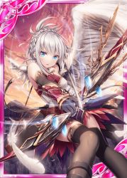 Rule 34 | 1girl, akkijin, angel, archery, armor, bare shoulders, blue eyes, bow, braid, card (medium), feathered wings, feathers, looking at viewer, orange sky, outdoors, ruins, shinkai no valkyrie, silver hair, single wing, sky, solo, thighhighs, wings