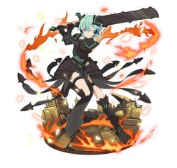 Rule 34 | 1girl, ;), ahoge, aqua eyes, aqua hair, armor, black footwear, boots, faux figurine, fire, full body, gauntlets, green leotard, hair between eyes, hair ornament, hairclip, holding, holding weapon, knee boots, leg up, leotard, looking at viewer, one eye closed, short hair, shoulder armor, sidelocks, simple background, sinon (sao-alo), smile, solo, pauldrons, sword, sword art online, thigh strap, weapon, white background