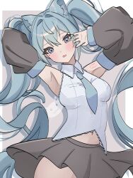 Rule 34 | 1girl, absurdres, animal ear fluff, animal ears, aqua eyes, aqua hair, arm tattoo, armpits, arms up, bare shoulders, black skirt, black sleeves, blue eyes, blue hair, blue necktie, blush, border, breasts, cat ears, cat girl, cat tail, clothes lift, coco irasuto, collared shirt, cowboy shot, detached sleeves, double-parted bangs, eyelashes, fang, floating hair, hair between eyes, hair intakes, hatsune miku, high collar, highres, long hair, long sleeves, looking at viewer, medium breasts, midriff, navel, necktie, number tattoo, open mouth, outside border, pleated skirt, shadow, shirt, skin fang, skirt, skirt lift, sleeveless, sleeveless shirt, solo, standing, tail, tattoo, transparent border, twintails, vocaloid, white background, white shirt