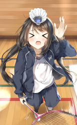 Rule 34 | &gt; &lt;, 1girl, absurdres, arm up, badminton racket, black hair, black jacket, black shorts, black socks, blush, closed eyes, facing viewer, full body, gym shirt, gym shorts, gym uniform, highres, holding, indoors, jacket, kneehighs, long hair, long sleeves, open clothes, open jacket, open mouth, original, pentagon (railgun ky1206), racket, shirt, shoes, shorts, shuttlecock, sneakers, socks, solo, speed lines, standing, standing on one leg, track jacket, twintails, very long hair, wavy mouth, white footwear, white shirt, xo