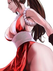 Rule 34 | 1girl, bare shoulders, breasts, brown hair, cleavage, fatal fury, highres, large breasts, long hair, meke (77842928), ninja, pelvic curtain, ponytail, shiranui mai, snk, the king of fighters, wide hips