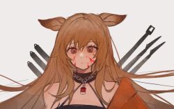 Rule 34 | 1girl, animal ears, arknights, bare shoulders, black collar, black shirt, blood, blood on face, brown eyes, brown hair, ceobe (arknights), chain necklace, collar, commentary request, dog ears, dog girl, etiv, jewelry, long hair, multiple weapons, necklace, sad, shirt, simple background, solo, upper body, white background
