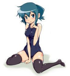 Rule 34 | 1girl, breasts, covered erect nipples, green eyes, green hair, hidamari sketch, impossible clothes, kagami uekusa, large breasts, matching hair/eyes, nori (hidamari sketch), one-piece swimsuit, school swimsuit, short hair, skindentation, solo, swimsuit, thighhighs, twintails