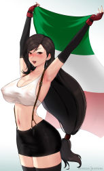 Rule 34 | 1girl, absurdres, arm warmers, armpits, arms up, asymmetrical hair, bare shoulders, black hair, black skirt, black thighhighs, blush, breasts, cleavage, collarbone, covered erect nipples, cowboy shot, crop top, earrings, final fantasy, final fantasy vii, fingerless gloves, flag, gloves, highres, hioyami, italian flag, italian senate porn livestream (meme), italian senate porn livestream (meme), italy, jewelry, large breasts, long hair, looking at viewer, low-tied long hair, meme, midriff, miniskirt, navel, open mouth, parted hair, patreon username, pencil skirt, red eyes, see-through, shirt, sideboob, simple background, skirt, smile, solo, sports bra, square enix, suspender skirt, suspenders, swept bangs, taut clothes, taut shirt, thighhighs, tifa lockhart, very long hair, white background, zettai ryouiki