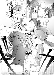 Rule 34 | 2girls, absurdres, bad id, bad twitter id, blush, comic, crack, cracked wall, greyscale, hair over one eye, highres, monochrome, multiple girls, ohisashiburi, shorts, speech bubble, surprised, text focus, translation request