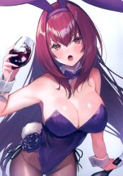 Rule 34 | 1girl, absurdres, alcohol, animal ears, bottle, bow, bowtie, breasts, cleavage, cup, detached collar, fake animal ears, fate/grand order, fate (series), glass bottle, gradient background, highres, holding, leotard, long hair, medium breasts, playboy bunny, rabbit ears, rabbit tail, red wine, scan, scathach (fate), scathach (piercing bunny) (fate), shiny skin, simple background, solo, strapless, strapless leotard, suzuho hotaru, traditional bowtie, white background, wine, wine bottle