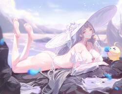 Rule 34 | &gt; &lt;, 1girl, absurdly long hair, ass, azur lane, bikini, blue flower, breasts, cleavage, detached sleeves, flower, full body, hat, holding, holding flower, huge breasts, long hair, long sleeves, lying, manjuu (azur lane), mountainous horizon, official alternate costume, on stomach, outdoors, petals, sansan (dongfangzhong111), see-through, see-through sleeves, solo, sun hat, swimsuit, the pose, very long hair, white bikini, white hat, yorktown (azur lane), yorktown ii (azur lane), yorktown ii (bright-sky mermaid) (azur lane)