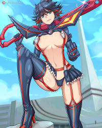 Rule 34 | 1girl, black hair, blue eyes, boots, breasts, gloves, high heel boots, high heels, kill la kill, long sleeves, looking at viewer, matoi ryuuko, medium breasts, multicolored hair, pleated skirt, red hair, redjet, revealing clothes, senketsu, short hair, skirt, solo, thigh boots, thighhighs, two-tone hair, underboob