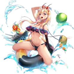 Rule 34 | 1girl, :d, ahoge, arm up, armpits, azur lane, bare shoulders, basket, between breasts, bikini, black gloves, blonde hair, breasts, bubble, candy, cleavage, elbow gloves, flower, food, gloves, hair flower, hair ornament, highres, holding, innertube, kumano (azur lane), kumano (fancy waves) (azur lane), lollipop, long hair, looking at viewer, medium breasts, navel, off-shoulder bikini, off shoulder, official alternate costume, official art, open mouth, purple eyes, pyon-kichi, red flower, sharp teeth, single glove, smile, solo, stomach, string bikini, swim ring, swimsuit, teeth, thighs, tongue, tongue out, transparent background, turret, water