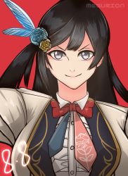 Rule 34 | 1girl, aqua flower, aqua rose, artist name, artist request, beige jacket, black hair, blue hair, blue neckwear, blush, bow, bowtie, breasts, brown jacket, center frills, chase (love live!), close-up, collared shirt, cropped jacket, dark blue hair, dress, dress shirt, feather hair ornament, feathers, female focus, flower, flower print, frilled dress, frills, gloves, grey eyes, hair flower, hair ornament, half gloves, highres, jacket, light brown jacket, long hair, looking at viewer, love live!, love live! nijigasaki high school idol club, love live! school idol festival, medium breasts, necktie, nijigasaki school uniform, parted lips, pink neckwear, ponytail, red background, red bow, red neckwear, rose, school uniform, shirt, side ponytail, smile, solo, upper body, v-shaped eyebrows, white feathers, white gloves, white shirt, yellow flower, yellow jacket, yellow rose, yuki setsuna (love live!)