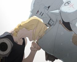 Rule 34 | 2boys, alphonse elric, armor, blonde hair, braid, brothers, closed eyes, closed mouth, collarbone, edward elric, from side, full armor, fullmetal alchemist, long hair, male focus, mechanical, mechanical arms, multiple boys, p0ckylo, siblings, simple background, single mechanical arm, upper body, white background