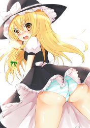 Rule 34 | 1girl, ass, blonde hair, blush, bow, braid, dress, fang, frills, from behind, green bow, hat, highres, kirisame marisa, long hair, looking back, mogupuchi, open mouth, panties, solo, striped clothes, striped panties, thighs, touhou, underwear, witch hat, yellow eyes