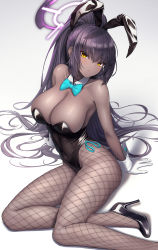 Rule 34 | 1girl, animal ears, armpits, azure-maya, bare shoulders, black hair, black leotard, blue archive, blue bow, bow, bowtie, breasts, cleavage, closed mouth, commentary, cowboy shot, curvy, dark-skinned female, dark skin, detached collar, earrings, fake animal ears, fishnet pantyhose, fishnets, gloves, high heels, high ponytail, highleg, highleg leotard, highres, jewelry, karin (blue archive), karin (bunny) (blue archive), large breasts, leotard, long hair, looking at viewer, pantyhose, playboy bunny, rabbit ears, rabbit tail, sidelocks, solo, tail, traditional bowtie, very long hair, white background, white gloves, wide hips, wrist cuffs, yellow eyes