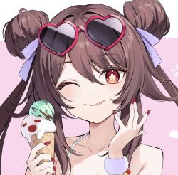 1girl ;p alternate_hairstyle bare_shoulders brown_hair collarbone commentary double_bun eyewear_on_head fingernails flower-shaped_pupils genshin_impact hair_between_eyes hair_bun heart heart-shaped_eyewear holding holding_ice_cream_cone hu_tao_(genshin_impact) ice_cream_cone long_fingernails long_hair looking_at_viewer nail_polish one_eye_closed pink_background portrait red_eyes red_nails solo symbol-shaped_pupils tinted_eyewear tokitamago_(tokita_mago1) tongue tongue_out twintails unfinished