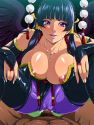 Rule 34 | 1girl, areola slip, bare shoulders, black wings, blue hair, blunt bangs, breasts, bridal gauntlets, censored, clothed female nude male, dead or alive, dead or alive 5, feathered wings, fingerless gloves, girl on top, gloves, hair ornament, hair stick, hairpin, highres, large breasts, legs, long hair, looking at viewer, lying, makeup, male pubic hair, mole, mole under mouth, mosaic censoring, nipple slip, nipples, nude, nyotengu, parted lips, penis, pink eyes, pubic hair, raburebo, sex, sitting, sitting on person, skin tight, solo focus, straddling, sweat, thighs, through clothes, vaginal, wings