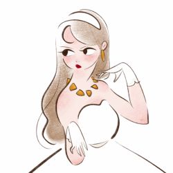 Rule 34 | 1girl, bare shoulders, black eyes, blush, brown hair, dress, earrings, gloves, hairband, hands up, highres, jewelry, long hair, necklace, original, rasukusekai, red lips, simple background, solo, strapless, strapless dress, white background, white dress, white gloves, white hairband