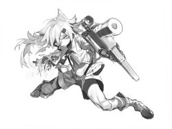Rule 34 | 1girl, amputee, amrkdrw, android, animal ears, bushman ltd., cat ears, collared shirt, electricity, girls&#039; frontline, greyscale, gun, hair ornament, handgun, highres, holding, holding gun, holding weapon, idw (girls&#039; frontline), left-handed, long hair, machine gun, machine pistol, mechanical parts, microphone, monochrome, navel, necktie, open mouth, parker-hale, parker-hale idw, parker-hale pdw, personal defense weapon, pistol, prototype design, rheinlander instruments corp., shirt, shorts, simple background, solo, submachine gun, suppressor, suspender shorts, suspenders, torn clothes, weapon, white background