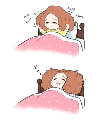 Rule 34 | 1girl, bad id, bad twitter id, bed, blanket, brown hair, commentary request, fluffy, highres, korean commentary, messy hair, okumura haru, on bed, open mouth, pajamas, persona, persona 5, pillow, playing with own hair, roviahc, sequential set, sleeping, sleepy, solo, zzz