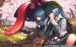 Rule 34 | 2girls, blue dress, blue eyes, blue hair, blue sky, breasts, cherry blossoms, closed mouth, collar, dqn (dqnww), dress, grass, green headwear, hair between eyes, hand up, hat, heterochromia, jewelry, kawashiro nitori, key, key necklace, light, long sleeves, looking at viewer, looking down, map, medium breasts, medium hair, multiple girls, necklace, no headwear, petals, red eyes, shadow, short hair, sitting, sky, tatara kogasa, touhou, touhou cannonball, tree, twintails, umbrella