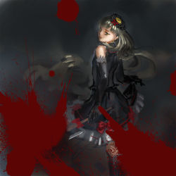 Rule 34 | 1girl, bare shoulders, black background, black dress, black gloves, blood, blood splatter, commentary, cowboy shot, dress, elbow gloves, from behind, gloves, hair ornament, holding, holding knife, knife, lolita fashion, long hair, looking at viewer, looking back, mayu (vocaloid), platinum blonde hair, skirt hold, smile, solo, vocaloid, yamakawa umi, yellow eyes