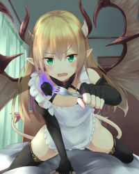 Rule 34 | 1girl, apron, arm support, bad food, bed, black thighhighs, blonde hair, blush, character request, curtains, demon girl, demon horns, demon tail, demon wings, elbow gloves, fang, fangs, feeding, fingerless gloves, fork, girl on top, gloves, green eyes, horns, incoming food, indoors, long hair, looking at viewer, original, pointy ears, pov, pov feeding, sakusaku, sitting, sitting on person, skindentation, solo, straddling, tail, thighhighs, window, wings