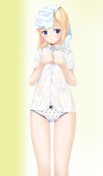 Rule 34 | 1girl, blonde hair, blue eyes, blush, bow, bow panties, bra, gradient background, hands on own chest, highres, long hair, looking at viewer, no pants, panties, polka dot, polka dot bra, polka dot panties, see-through, shirt, short sleeves, standing, towel, towel on head, tsubuan, two-tone background, underwear, white background, white bra, white panties, white shirt, yellow background